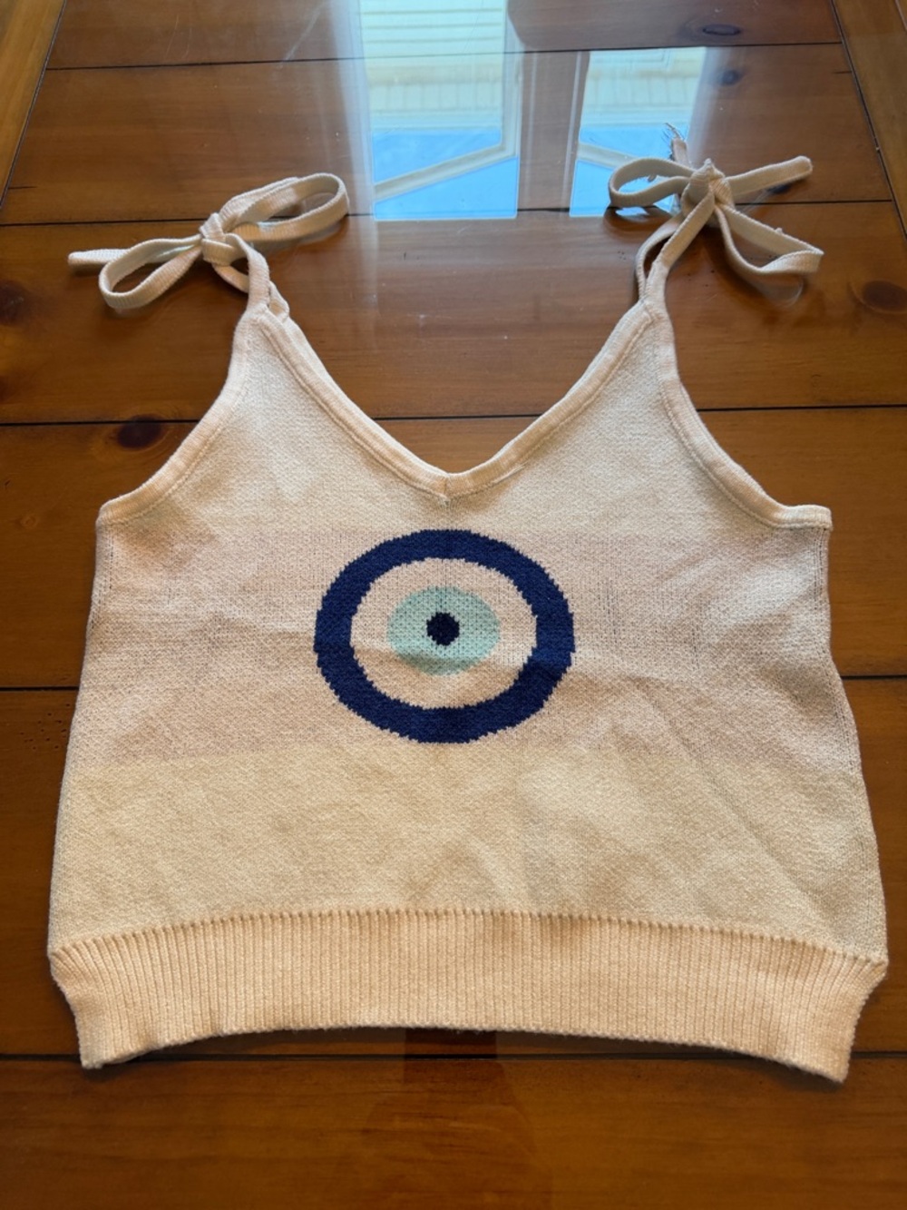 Tie-Shoulder Ivory Crop Tank with Blue Target Motif